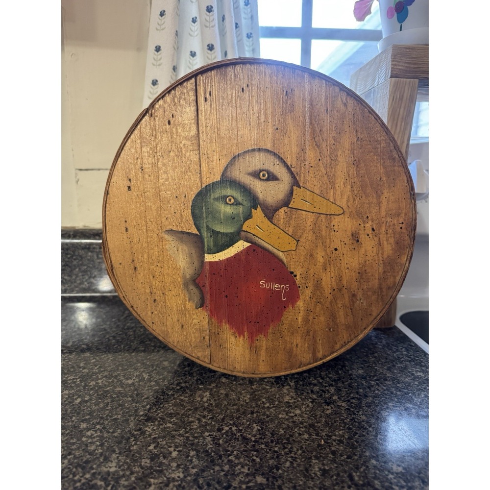 Vintage Primitive Wood Round Cheese Box Painted Ducks "Sullens" Cottage Core